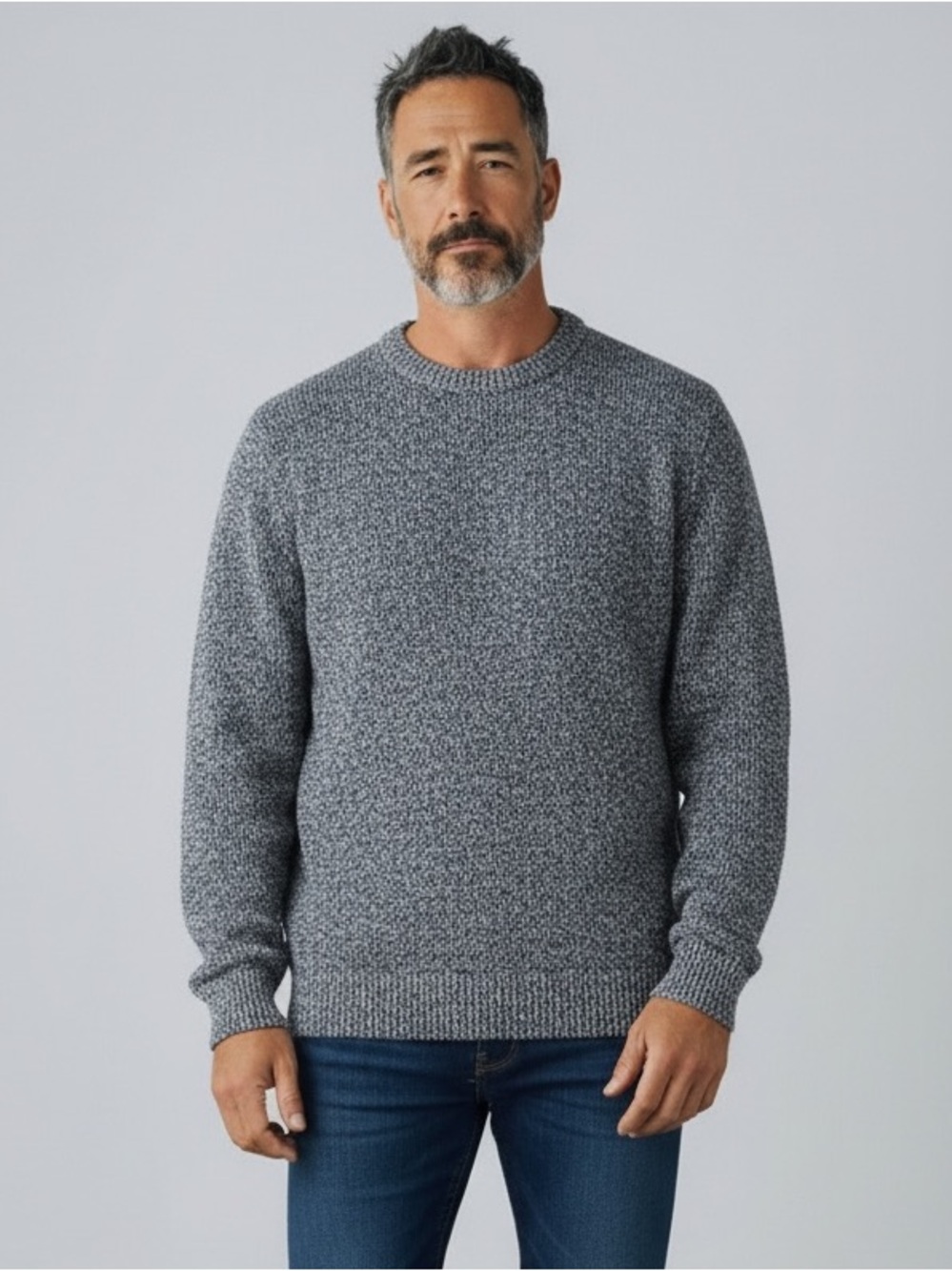 Lands' End (XL) Cotton Drifter Saddle Crewneck Shaker Sweater Marled Navy/White